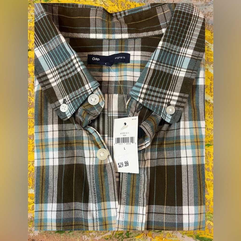 Men's L NEW Gap Plaid Original Fit Long Sleeve Button Down Brown Teal White